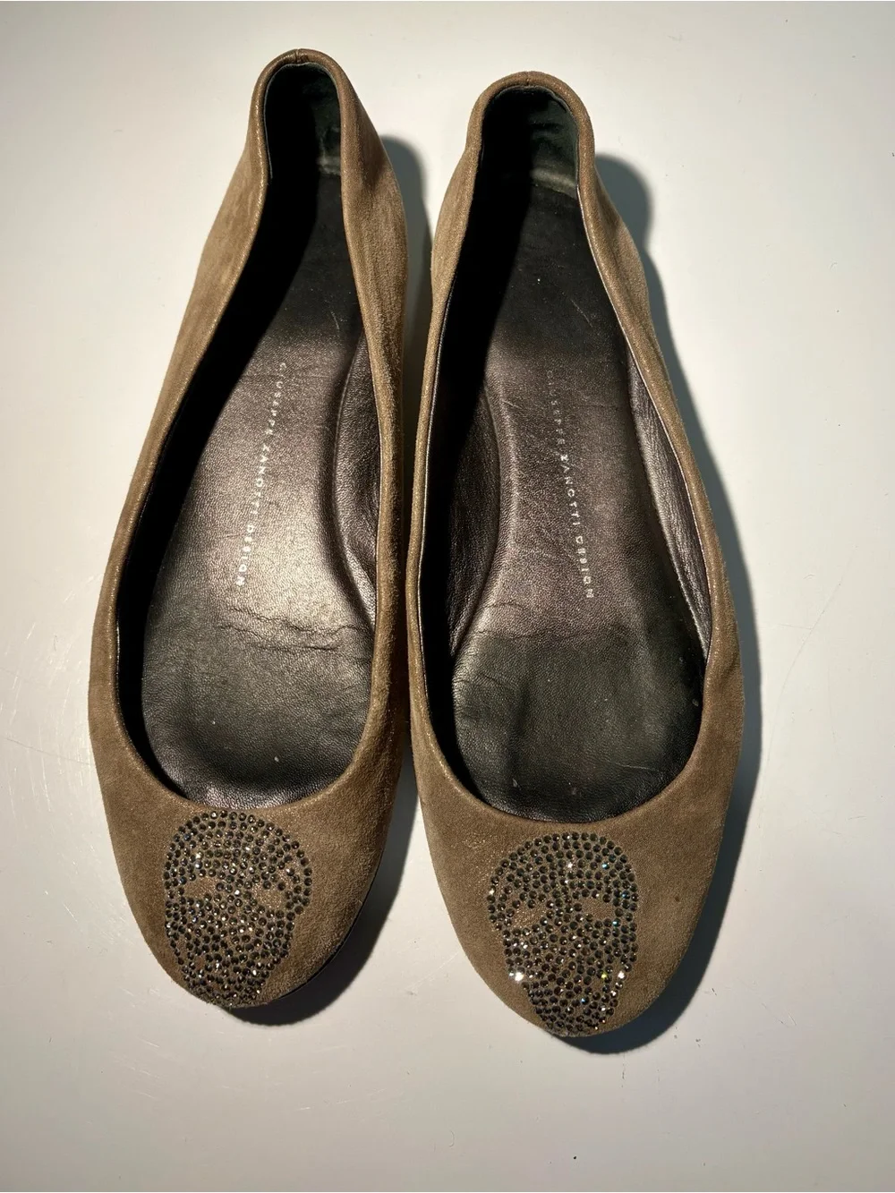 Giuseppe Zanotti Brown Suede Crystal Skull Flats - Women